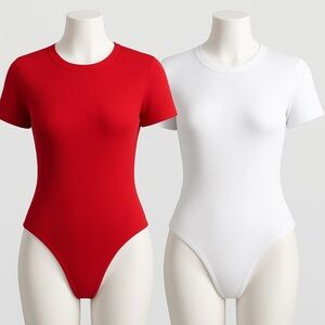 Women’s Ribbed Short Sleeve Bodysuit Duo Red and White Stretch Tee Set L
